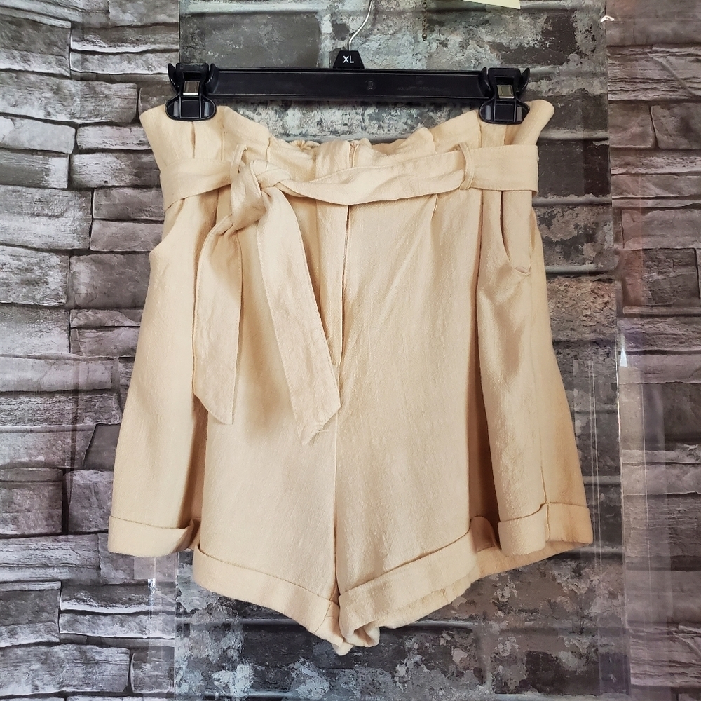 Lulu's Paperbag High-waisted Linen Blend Shorts Ivory Self-tie Pockets Sz Small